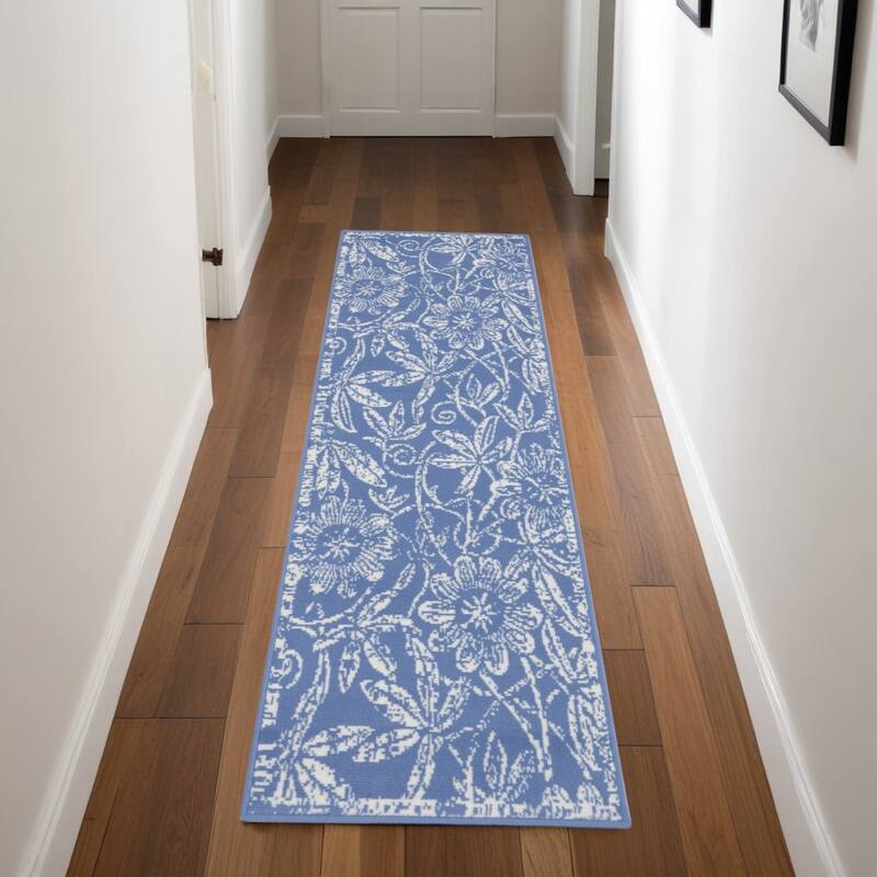 Gahe Power Loomed Distressed Abstract Floral Traditional Non Skid Stain Resistant Area Rug By HomeRoots - 96' X '24' X '0.39 - 96' X '24' X '0.39 - Oxford Blue - Runner
