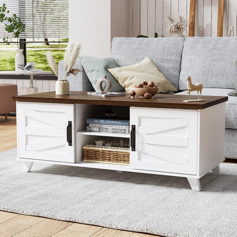 Farmhouse Coffee Table with Sliding Barn Doors for Living Room