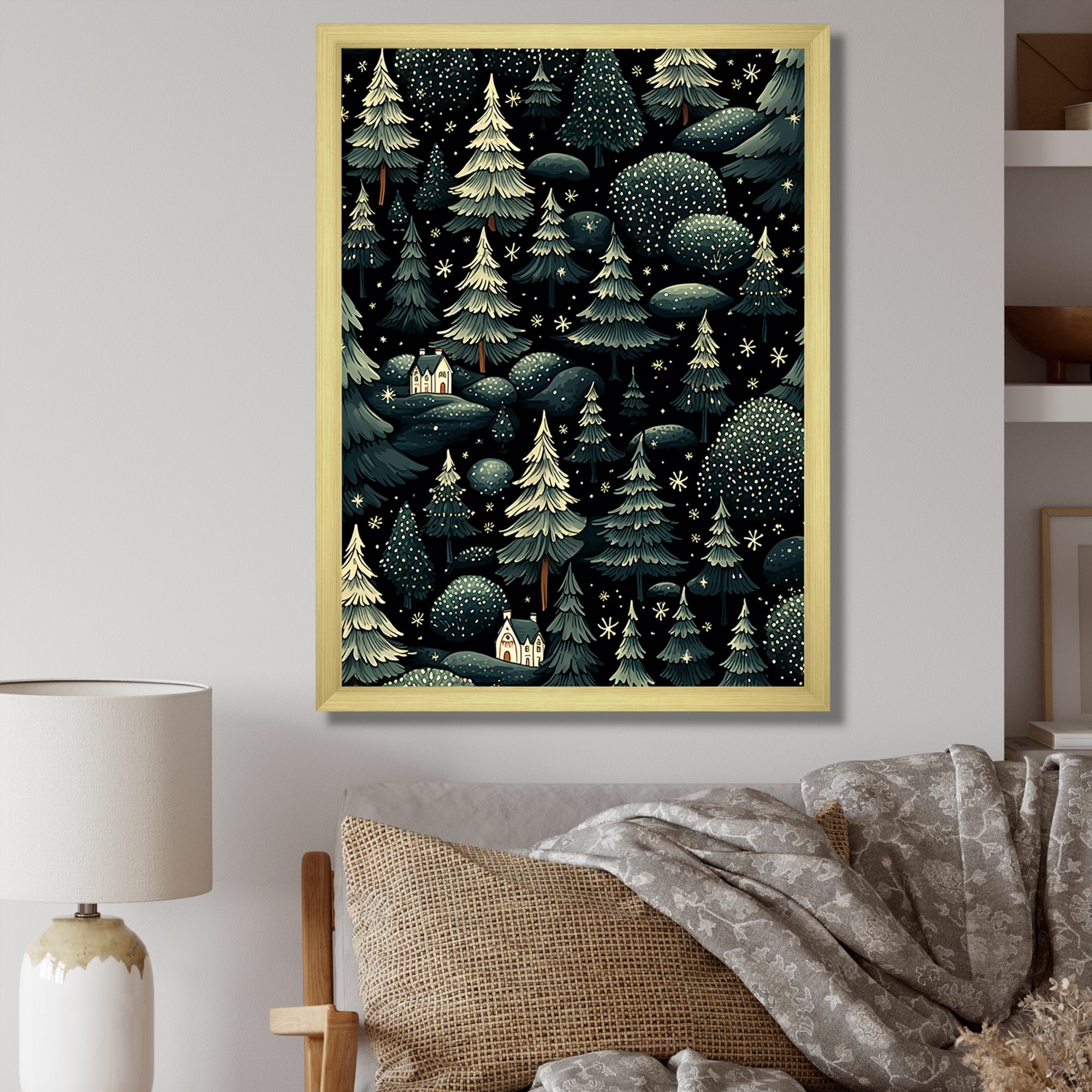 Designart "Christmas Pine Tree Pattern I" Tree Pine Wall Decor Green - Traditional Hallway Framed Wall Art Decor