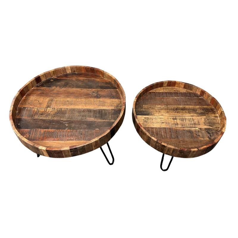 Set of 2 Rustic Round Wood End Nesting Tables with Black Iron Base and Natural Finish for Living Room - 29.5”L x 29.5”W x 20”H
