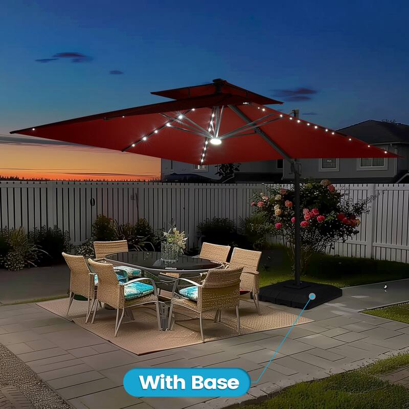 11FT Patio Cantilever Umbrella LED Lights Double Top Umbrella with 4-Piece Fillable Weighted Base