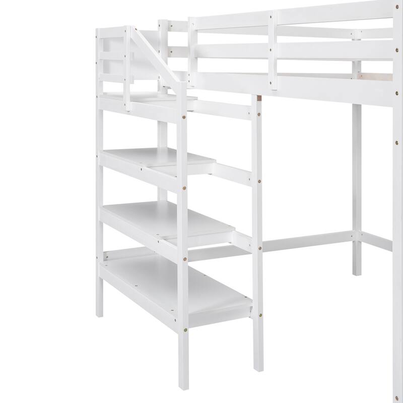 Full Size Loft Bed with Shelves Stairs and Hanger, Wooden Loftbed Frame for Bedroom Sturdy Wood Loft Full Size Frame Bed