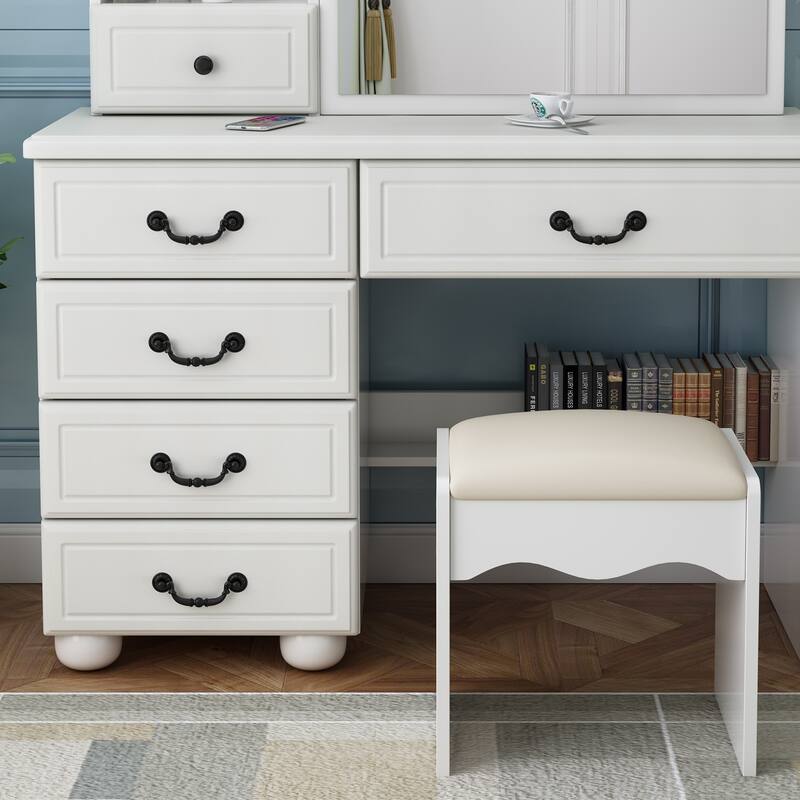 6 Drawers Vanity Desk with Large Led Makeup Mirror, Dressing Table and Stool Set for Bedroom