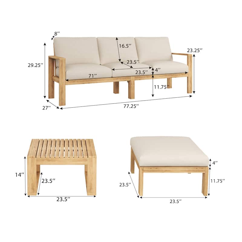 Upholstered Sectional Sofa Set, 3pcs Acacia Conversation Sets with Ottoman Chaise Lounge and Coffee Table for Garden