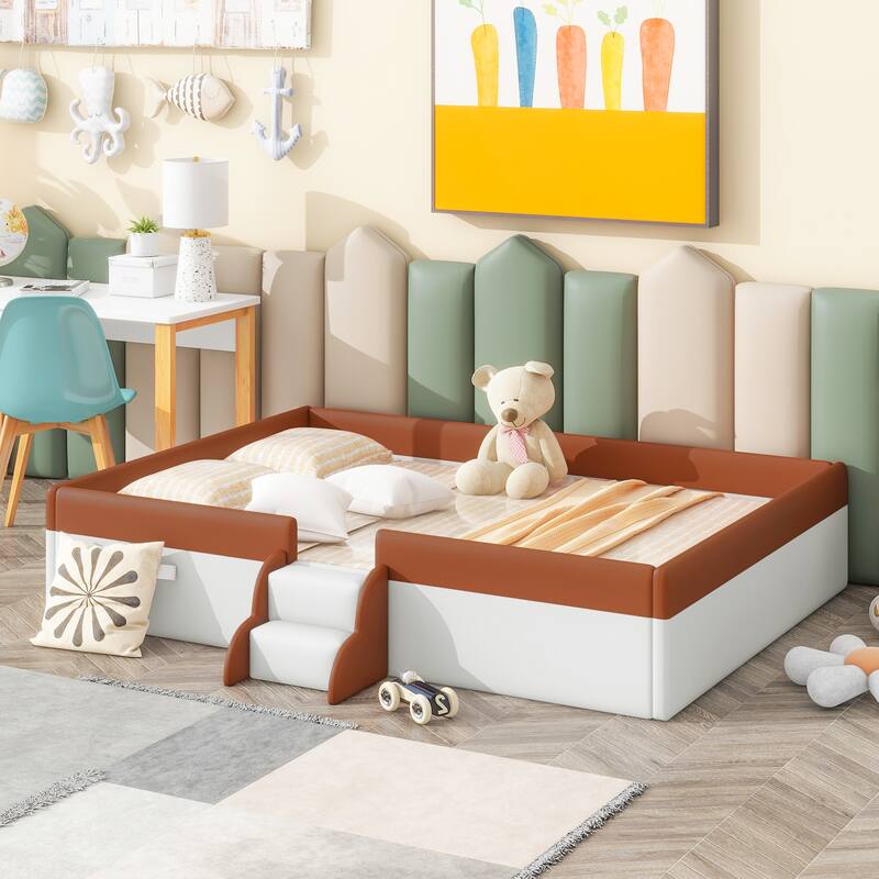 Modern Upholstered Daybed with Fence and Stairs for Kids, Brown+White - Full Brown+White