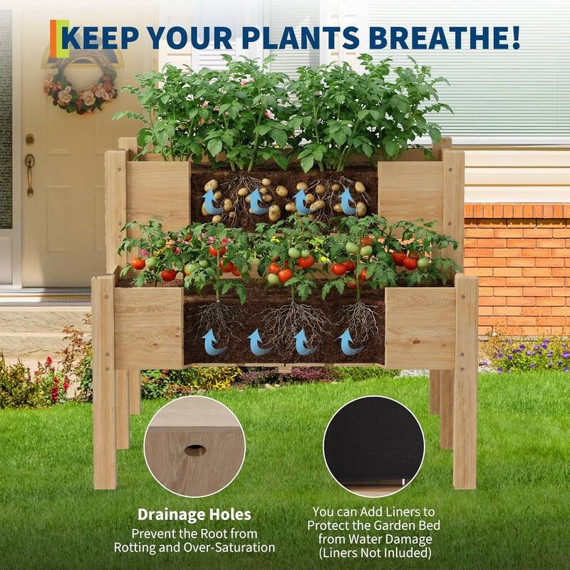 Two-Tier Wooden Raised Garden Bed, with 8 Drainage Holes