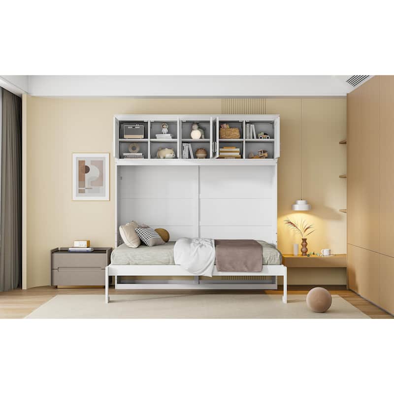 Full Size Wall Bed with Top Cabinets, White - Space-Saving Foldable Bed for Multi-Use Rooms
