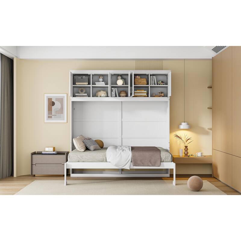 White Full Size Modern Style Multi-function Murphy Bed with Top Cabinets for Small Apartment or Studio