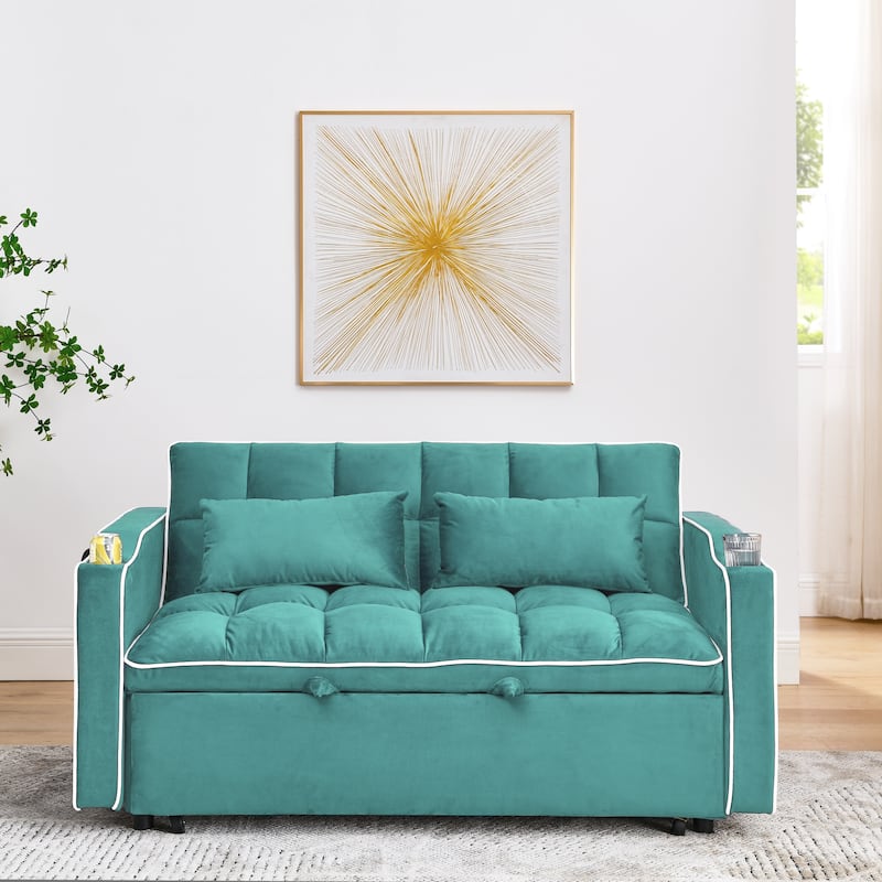 55.51 Inch Foldable Sofa Bed In 3 Lengths,Velvet Pull-out Bed,Adjustable Back,With USB Port And Ashtray And Swivel Phone Stand