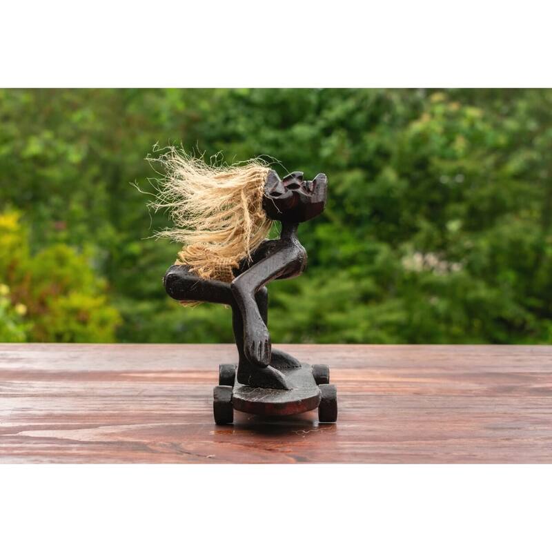 Handmade Wooden Primitive Tribal Skateboarding Funny Statue Sculpture Tiki Bar Handcrafted Unique Home Decor Figurine