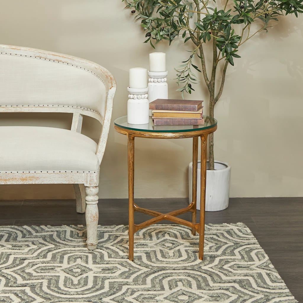 Gold or Silver Aluminum Metal Textured Accent Table with Glass Tabletop