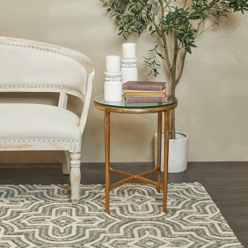Gold or Silver Aluminum Metal Textured Accent Table with Glass Tabletop
