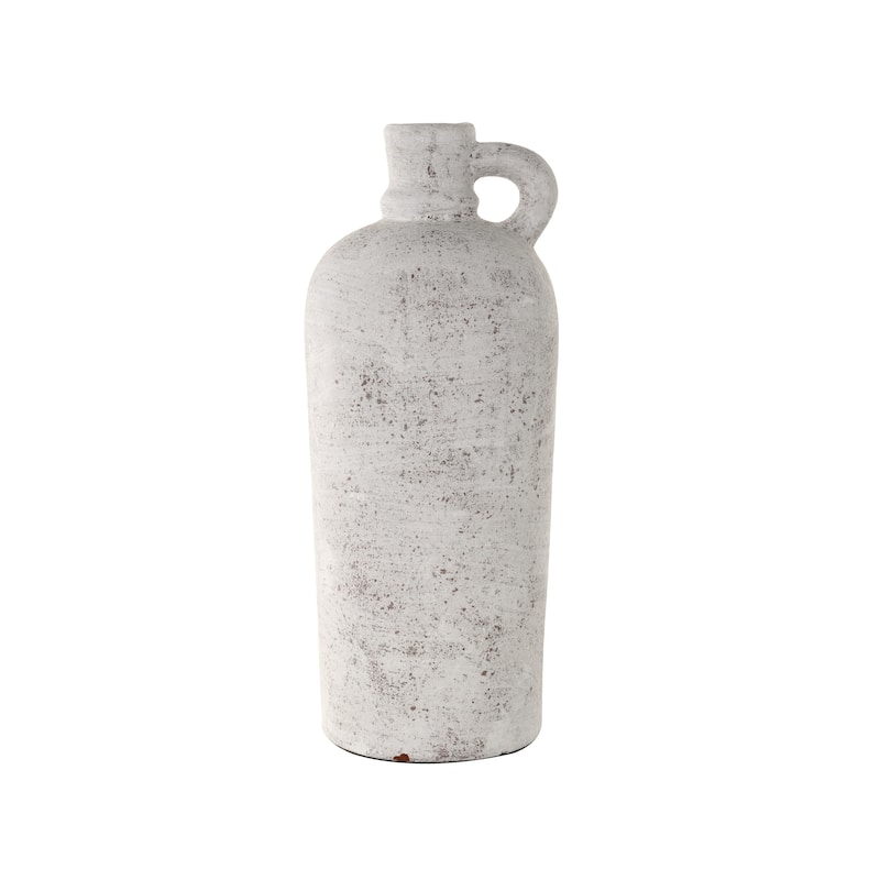 Ceramic Antique Style Textured Decorative Vase with Curved Handle - Cream - Roche River Decor - Cream