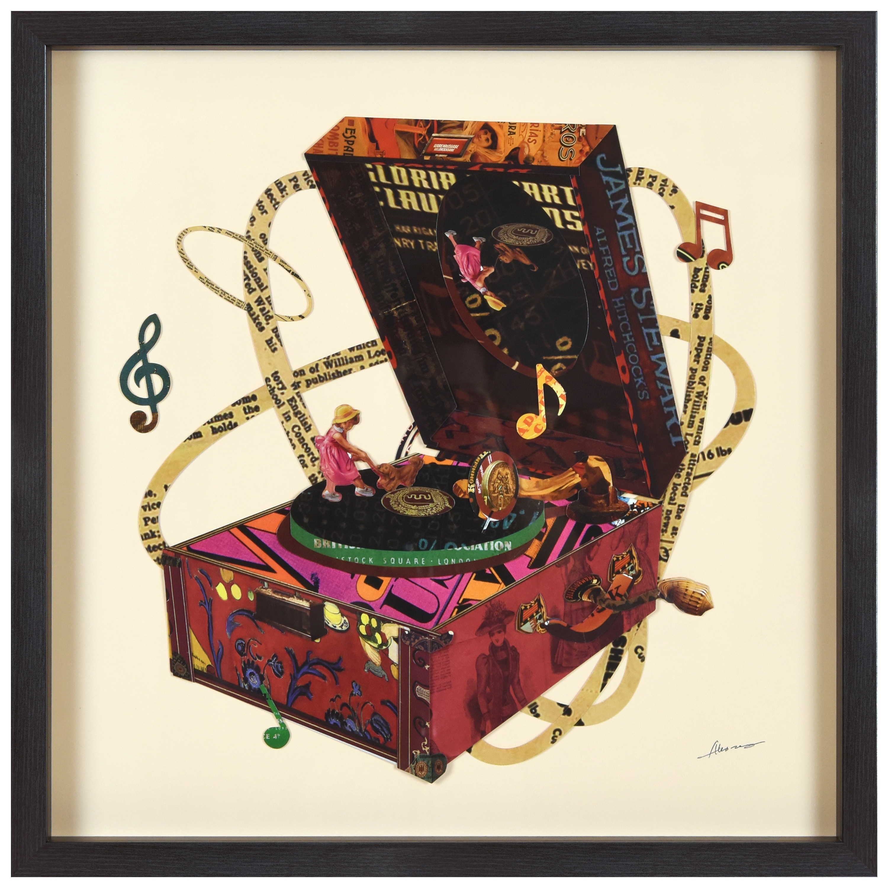 "Wind Up 78 "Alex Zeng's Signed Hand-made Dimensional Wall Art Collage, under glass and a black shadow box frame