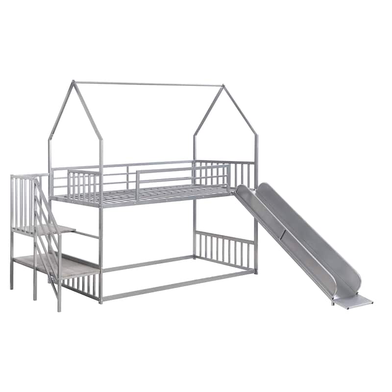 Twin Metal Bunk Bed with Slide and Storage Staircase, House-Shaped Design