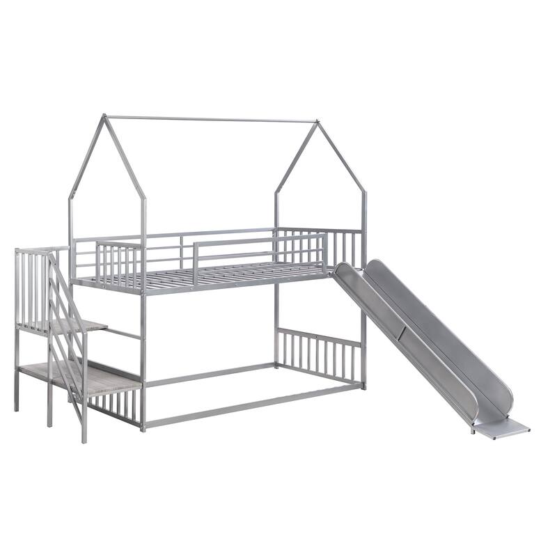 Twin Over Twin Metal Bunk Bed with Slide and Staircase, Silver