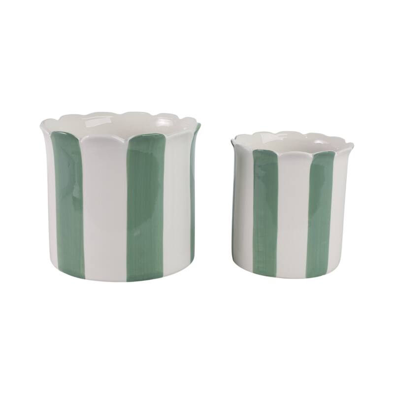 Ceramic Planter Scalloped Edge and Vertical Textured Design (Set of 2) - 8" x 8" x 7"