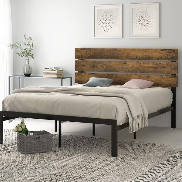Full Metal Bed Frame with Rustic Wood Headboard, Light Brown Bed Bath & Beyond 37100905
