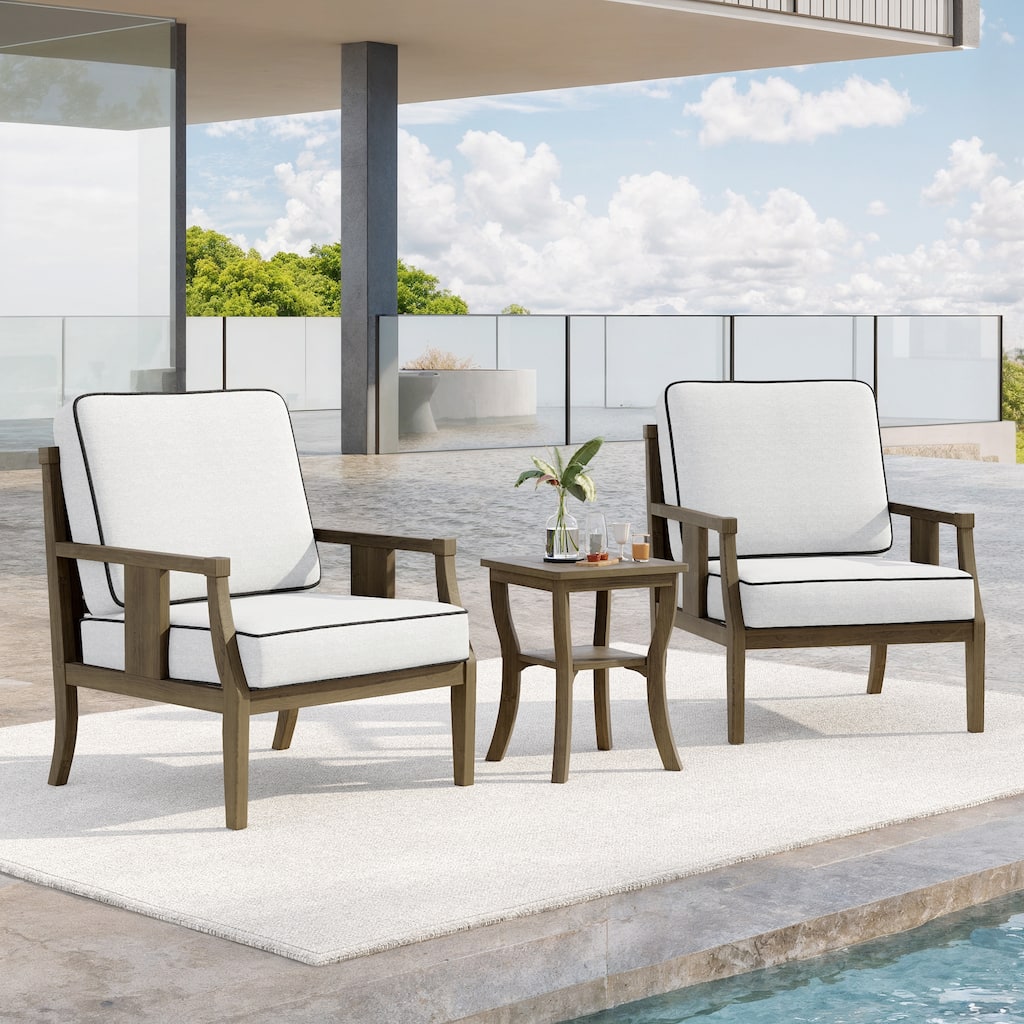 3-Piece Teak Wood Outdoor Armchair Set with Side Table, Cushions, Patio Seating Sets