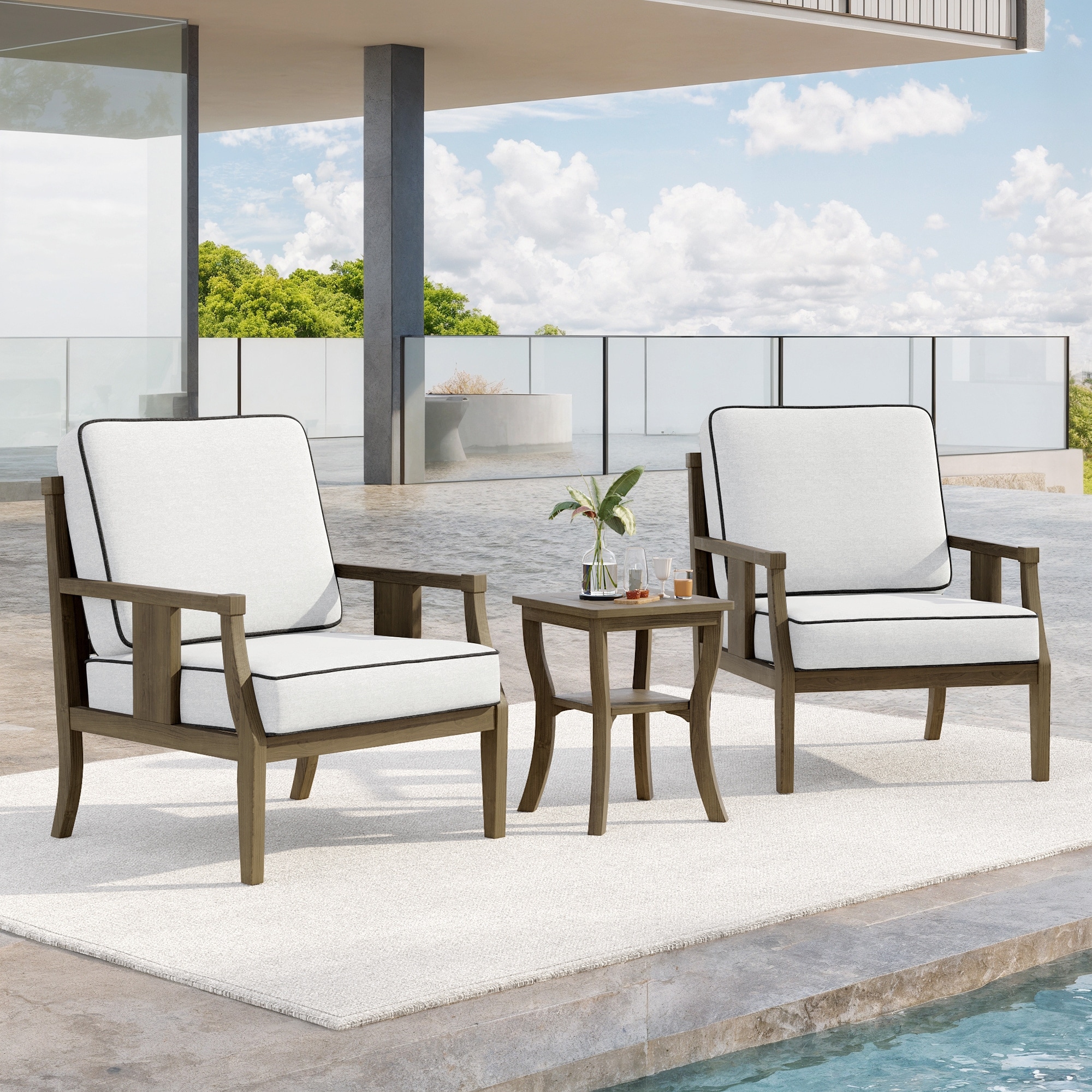 3-Piece Teak Wood Outdoor Armchair Set with Side Table, Cushions, Patio Seating Sets
