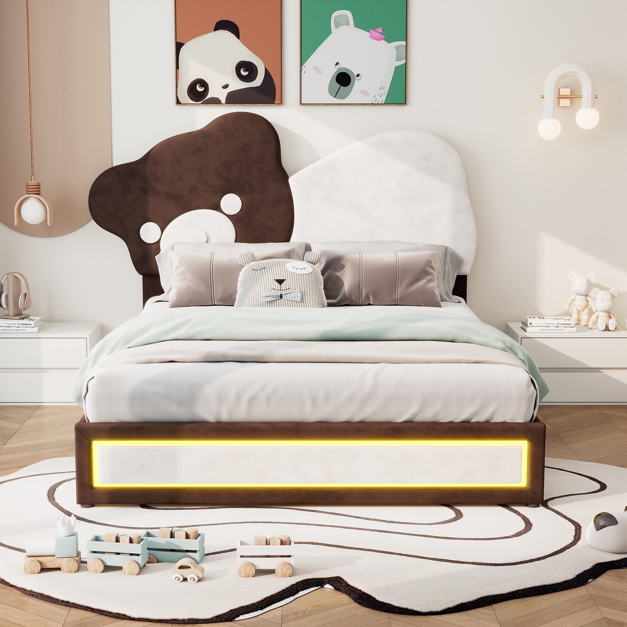 Upholstered Platform Bed with Bear Shaped Headboard, LED Light Strips