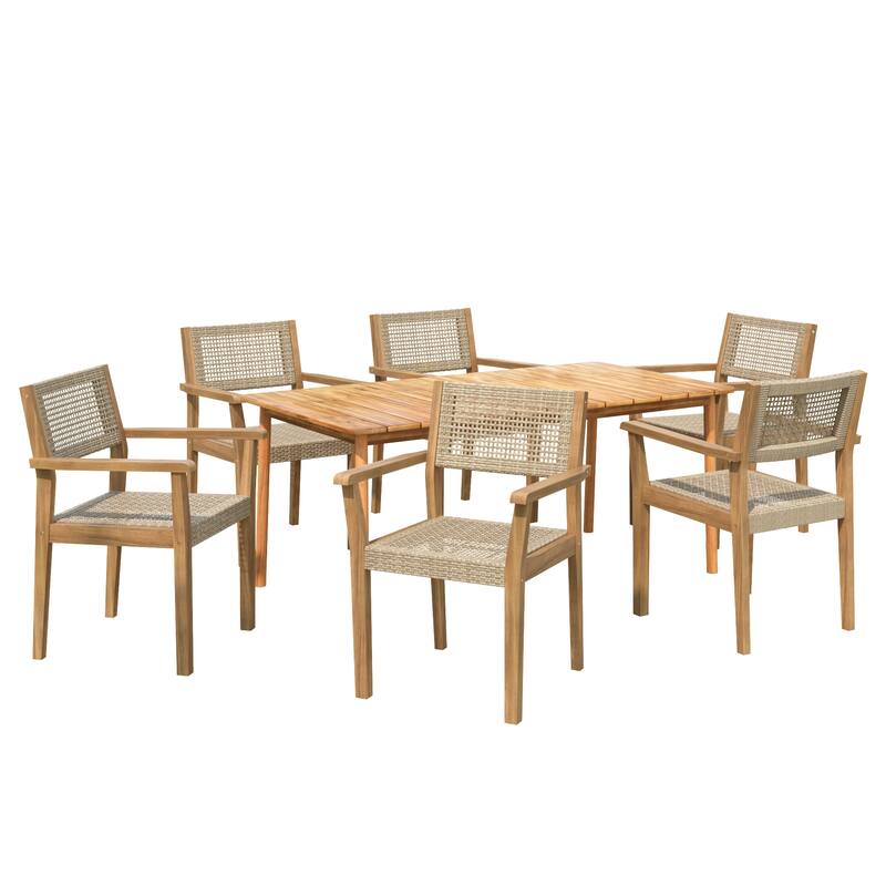 Roomfitters Outdoor Dining Set 7 Piece Acacia Wood Table Faux Wicker Rattan Chairs, Teak Caramel - Teak