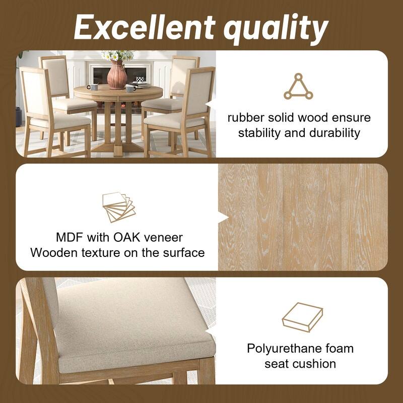 5-Piece Dining Set Extendable Round Table and 4 Upholstered Chairs Farmhouse Dining Set for Kitchen, Dining Room