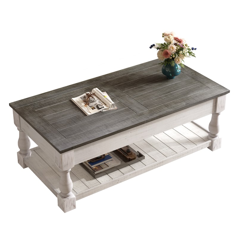 Farmhouse 47.24" Lift Top Coffee Table with Storage Trays Handcrafted Solid Wood for Stylish Living Room Storage