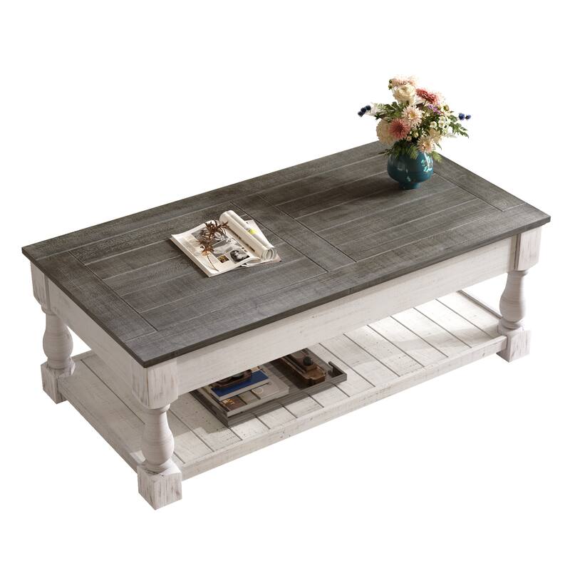 Roomfitters 41" Farmhouse Lift Top Coffee Table, Wood Center Table with 3 Storage Trays and Lower Shelf