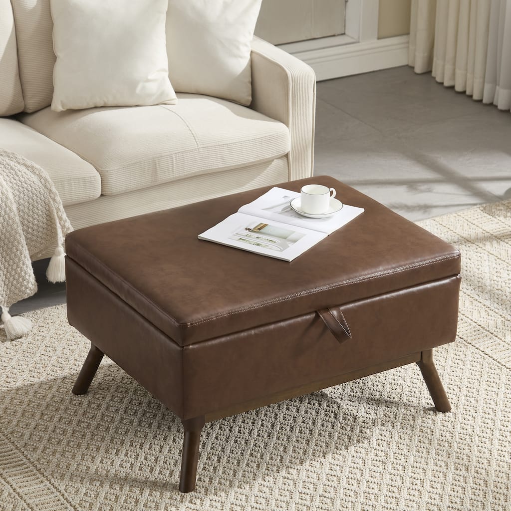 Mid-century modern square coffee table storage bench, assembled, suitable for living room, entryway and family room