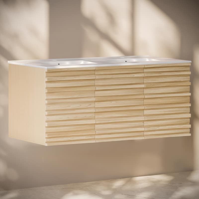 Cascade 48" Wall-Mounted Bathroom Vanity In Natural Oak With Double Basin Sink Top - 48