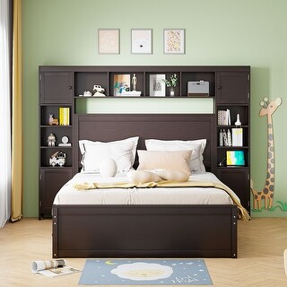 Queen Size Wooden Bed With All-in-One Cabinet, Platform Bed with Shelf and Sockets, Kid's Bed with Twin XL Trundle, Brown
