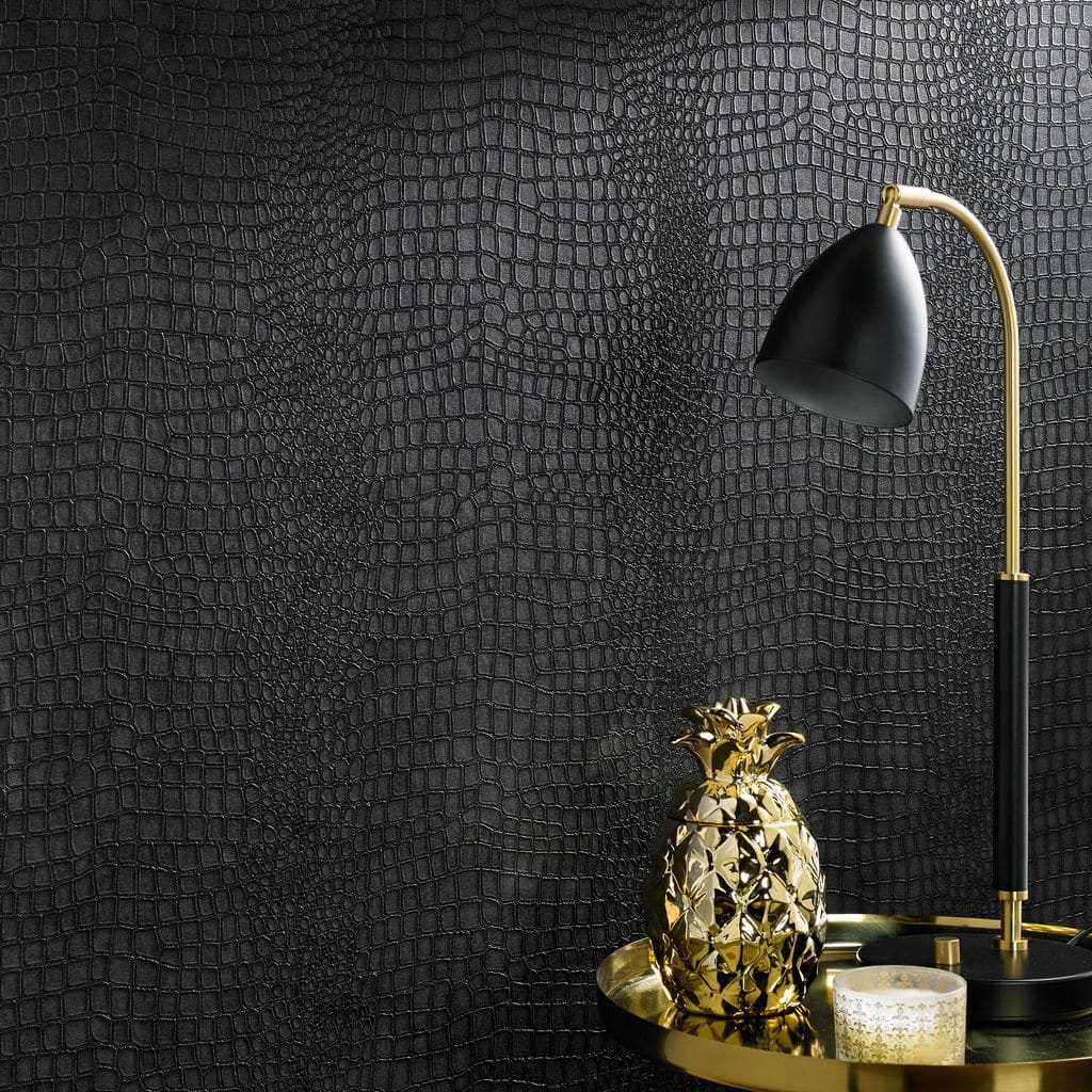 Superfresco Easy Vinyl Crocodile Grey/Black Wallpaper - 20.5 X 396
