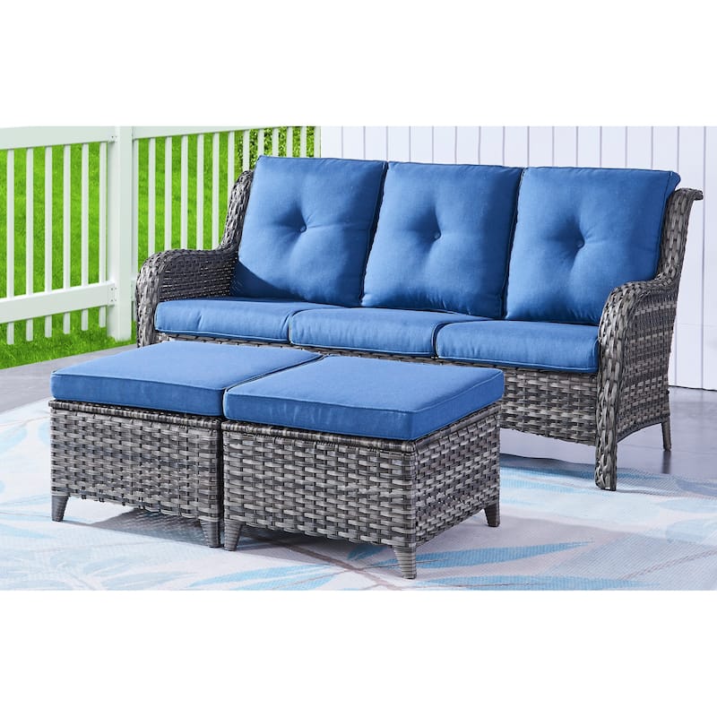 Gymojoy Outdoor Wicker Sectional Sofa Ottomans Set with Cushions - Grey/Blue