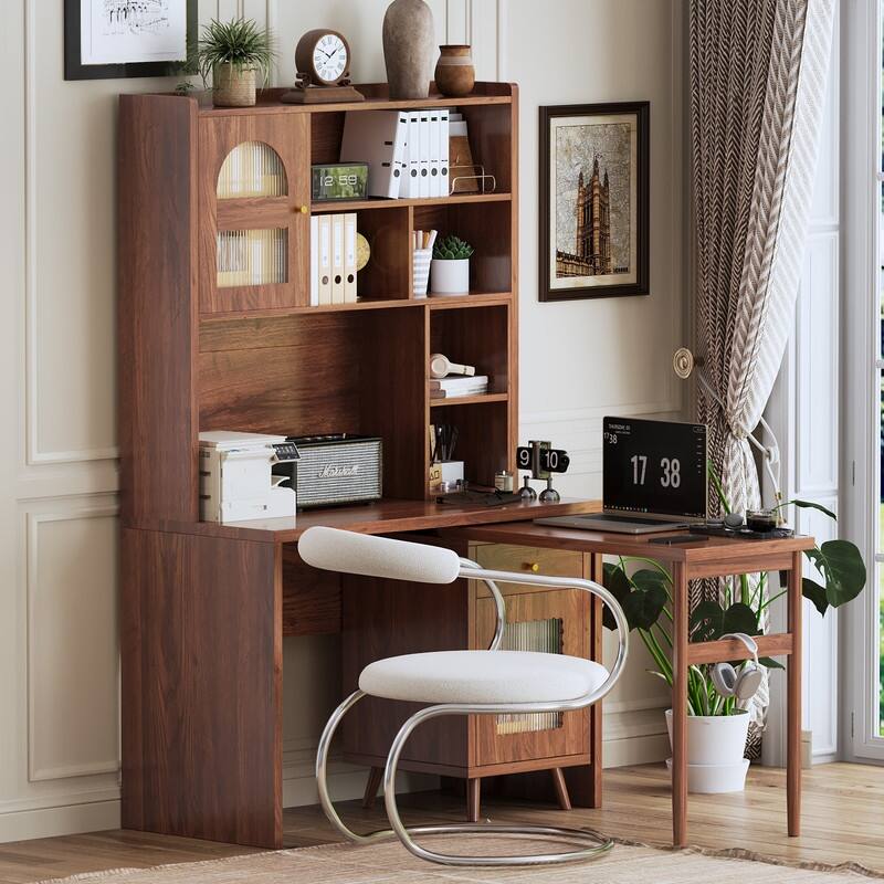 Computer Desk with 90 Degree Rotating Desktop, 43x70 Inch Office Desk with Storage Drawer and Cabinets