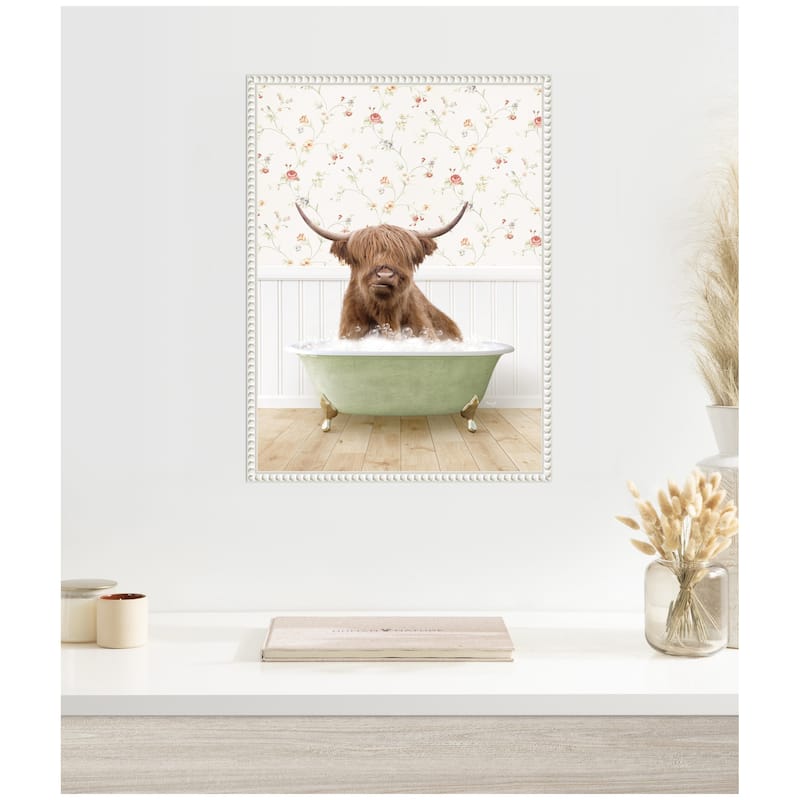 Kate and Laurel Sylvie Highland Cow in Cottage Farm Bath Framed Canvas by Amy Peterson