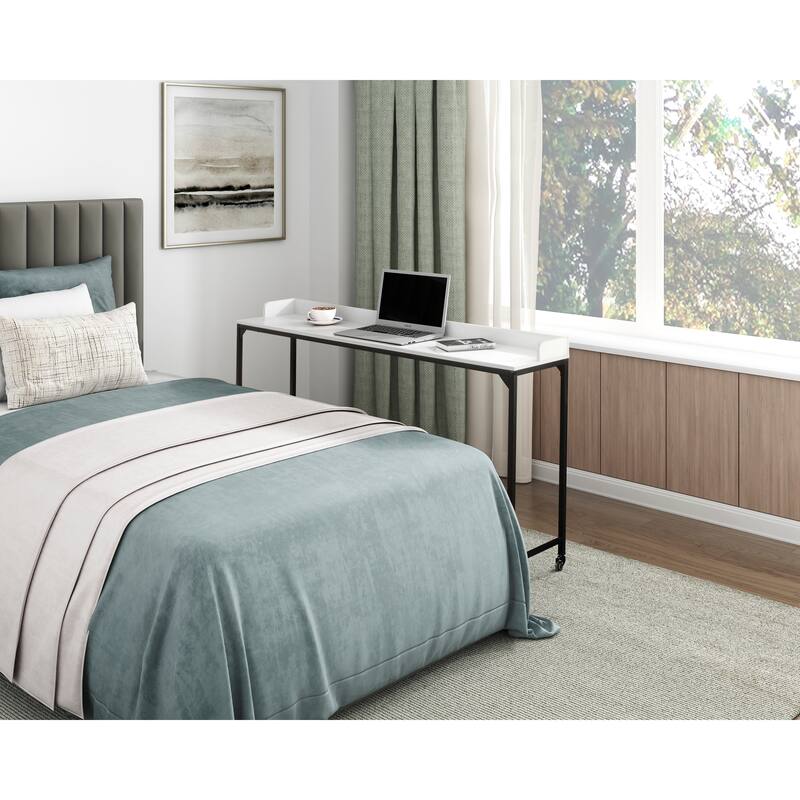 White Finish Multipurpose Over the Bed Desk with Adjustable Height, Metal Legs with Casters