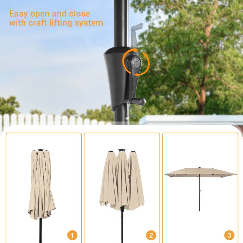 LIVOOSUM 10 x 6.5Ft Solar-powered Large Double-Sided Rectangular Outdoor Patio Market Umbrella with Crank, Gray