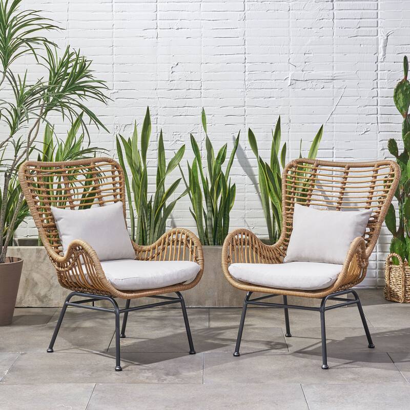 Roomfitters Tall Back Rattan Lounge Chairs with Cushions and Flared Arm Design, Set of 2 for Patio or Balcony