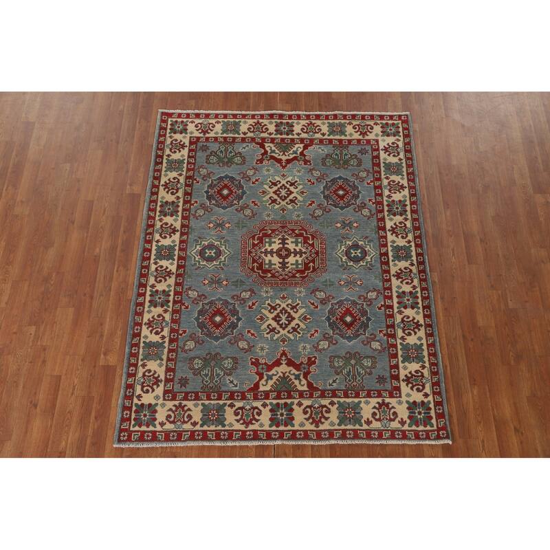 Blue Geometric Kazak Area Rug Hand-Knotted Wool Carpet - 4'11" x 6'4"