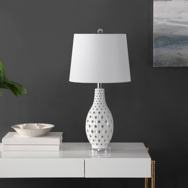 SAFAVIEH Lighting Nedka 25-inch Ceramic Table Lamp - 12" x 12" x 25" - 12Wx12Dx25H - White