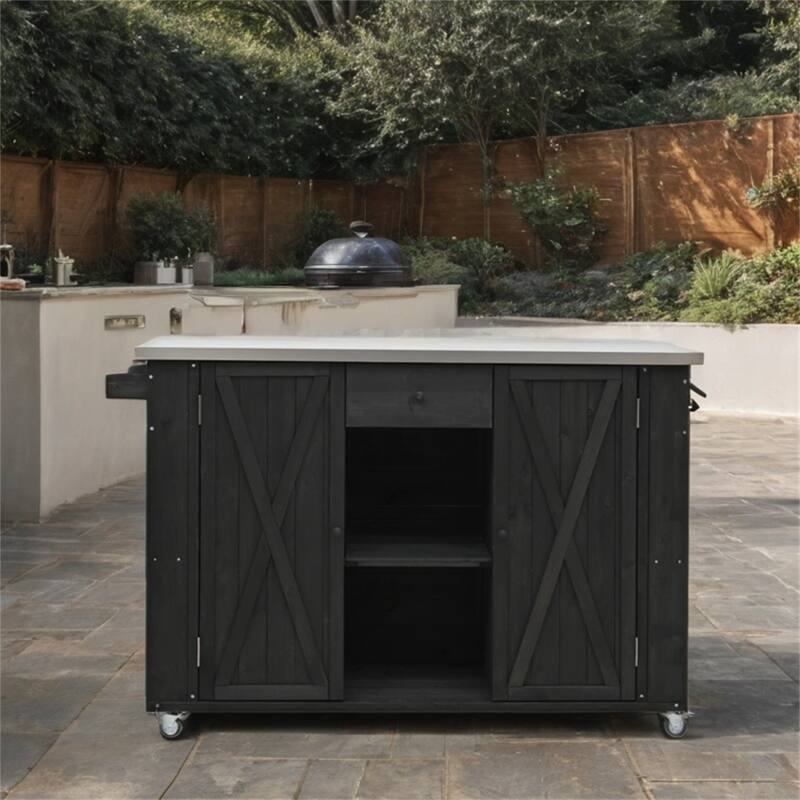 Outdoor Wood Kitchen Island w/ Stainless Steel Top,Towel,Bottle Opener