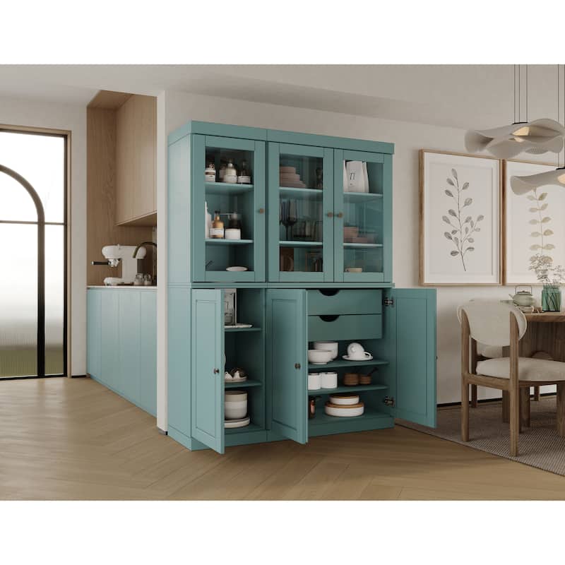 Palace Imports 100% Solid Wood Pantry China Cabinet, Raised Panel & Clear Glass Doors, 2 Drawers, 48.5" Wide, 71.5" Tall - Aqua