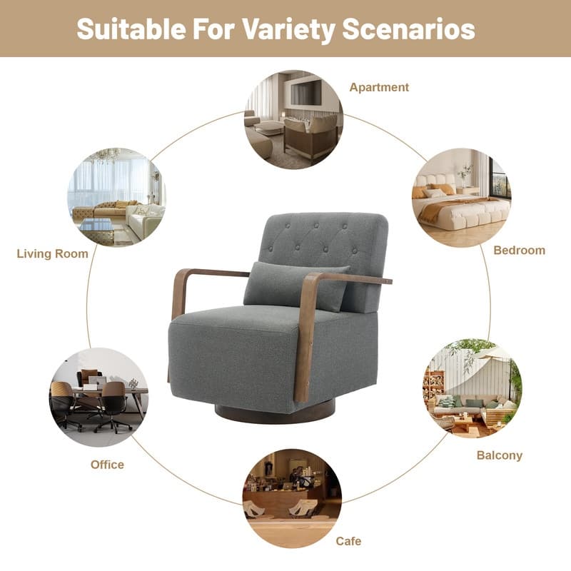 Solid Wood Swivel Accent Chair with Armrests and Lumbar Pillow - 360° Rotation