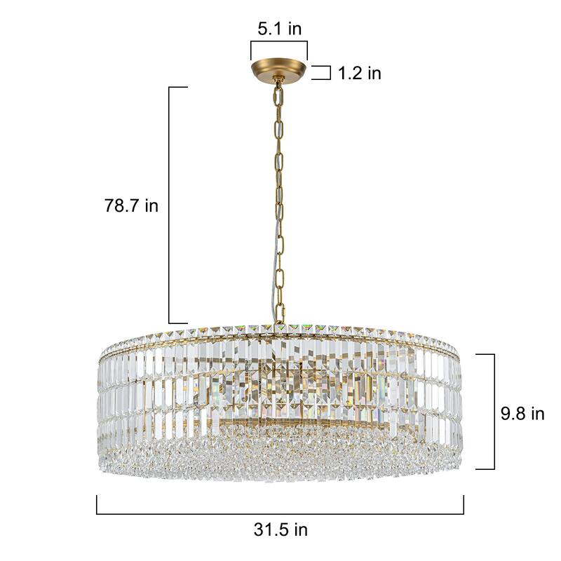 12-Lights Modern Drum Glam Dimmable Crystal Chandelier Round Kitchen Island Light - W31.5"