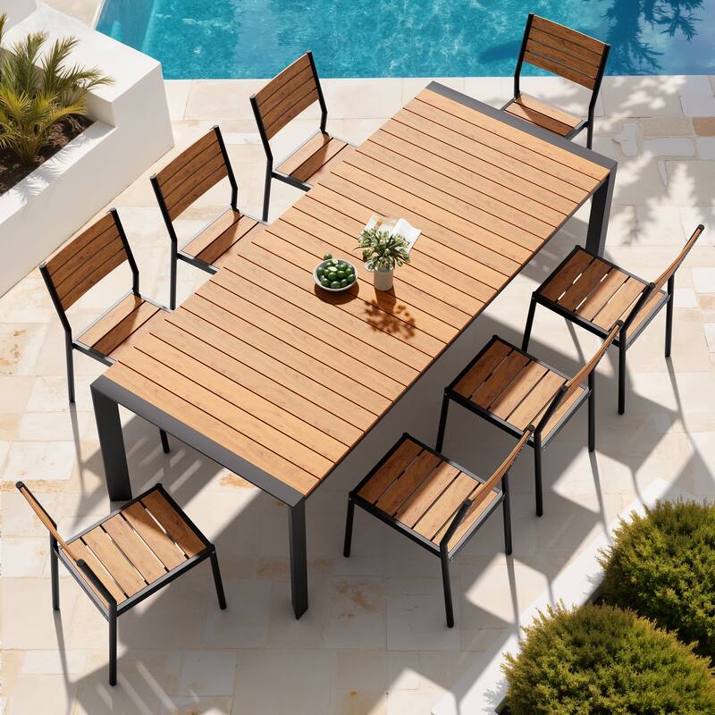 Set of 9 Outdoor Patio Dining Set WoodLike Table Top Aluminum Rectangular Umbrella Hole Table with Stackable Dining Chairs - Brown