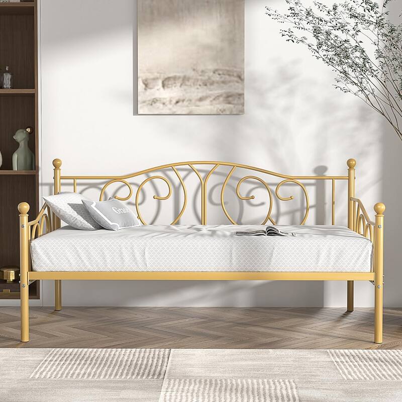 VECELO Metal Twin Size Daybed with Roman Column Legs Scroll Design Heavy Duty 350 lbs Capacity Sofa Bed for Living Room - Gold