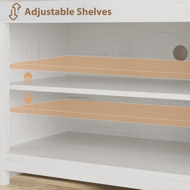 Farmhouse TV Stand for 80 Inch TVs, Long Entertainment Center with 4 Storage Drawers & 3 Open Shelf, White