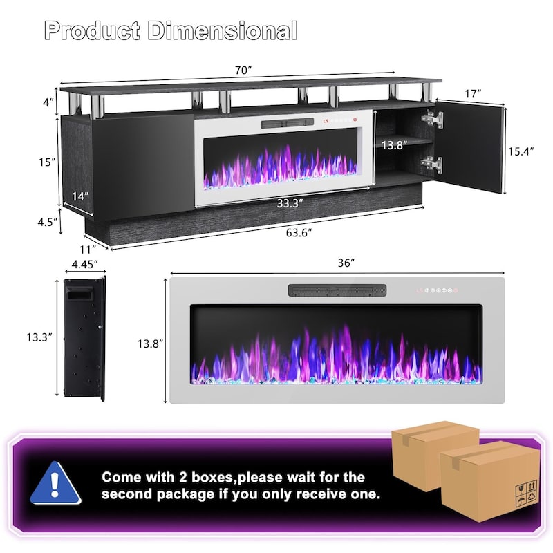 BOSSIN 70" Modern Electric Fireplace TV Stand, with Electronic Flame and LED Lights, High Gloss Finish Entertainment Center