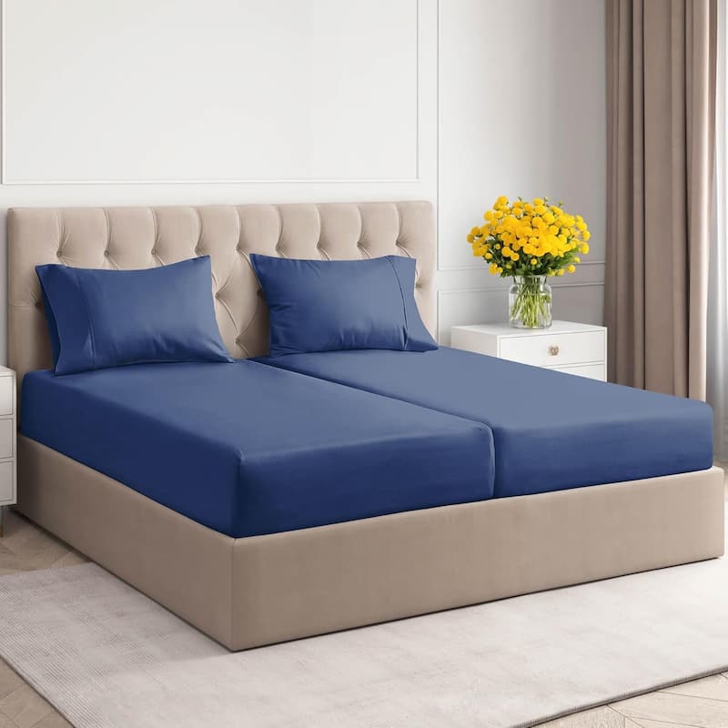 CGK Linens 4 Piece 100% Cotton 400 Thread Count Soft & Comfy Bed Sheet Set - Split King - Navy Blue